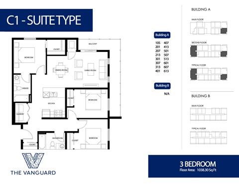Floor plan for 3 beds, 2 baths, 1038 sqft